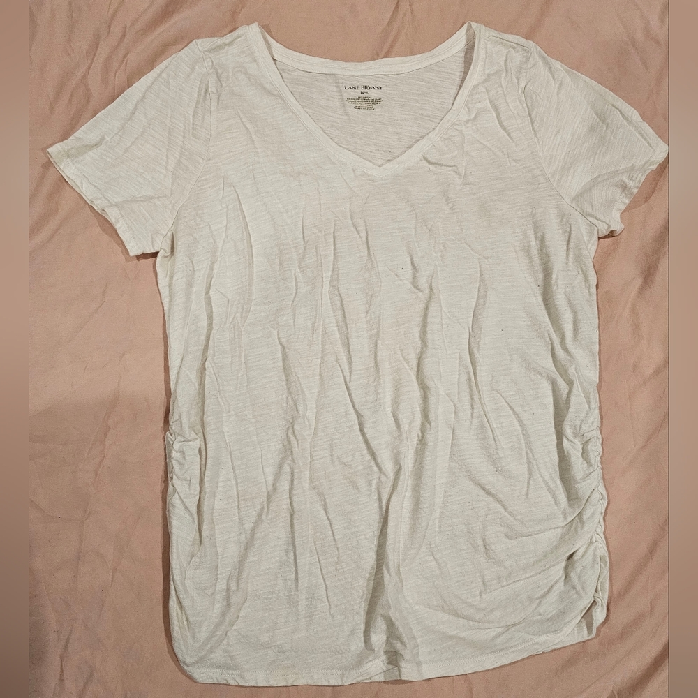 Lane Bryant White Ruched V-Neck T-Shirt (Size 14/16)
